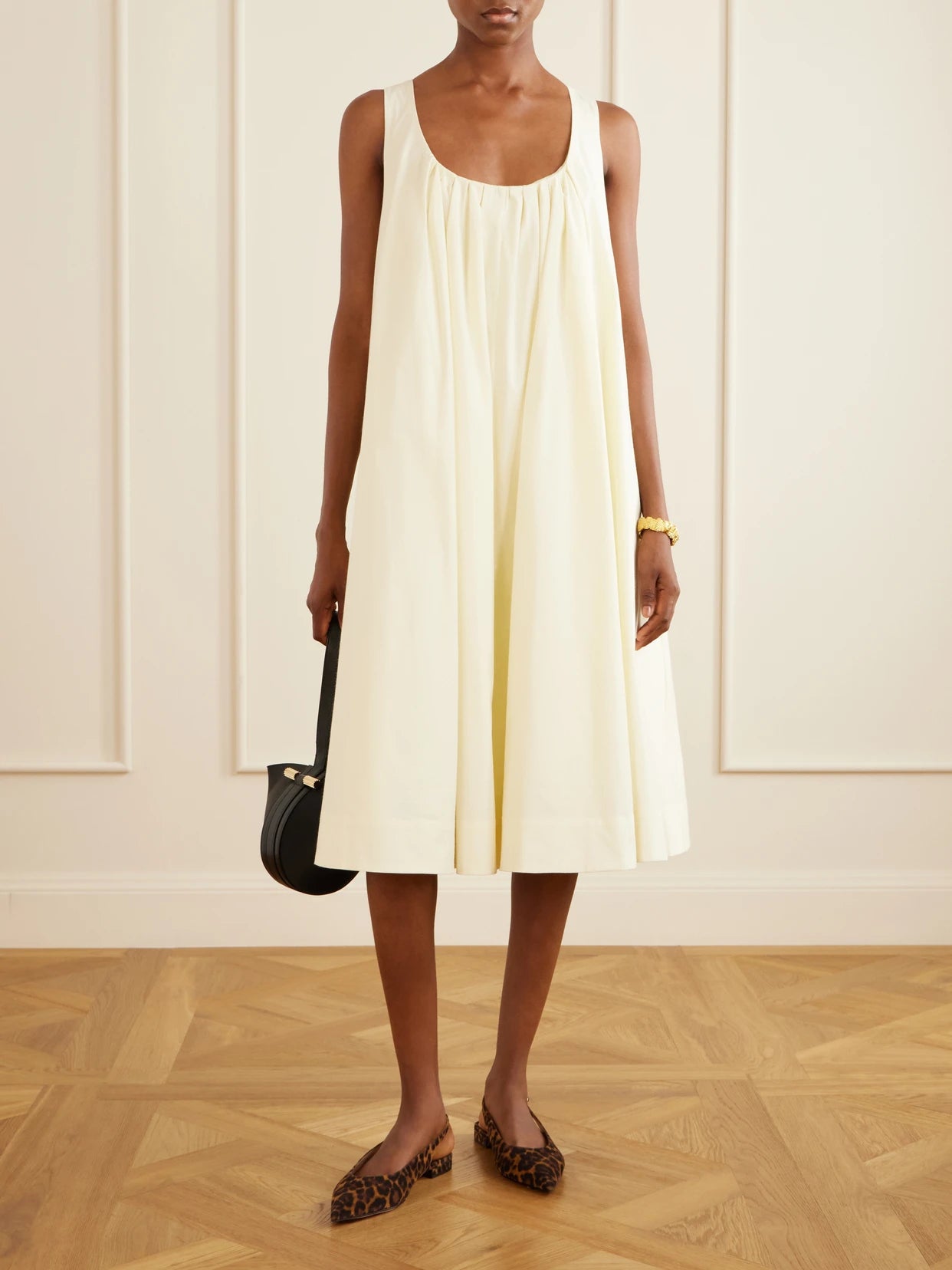 Image of Dresses. Product name - The Lennox Pleated Stretch-cotton Poplin Midi Dress in Yellow colour by brand - Brandon Maxwell