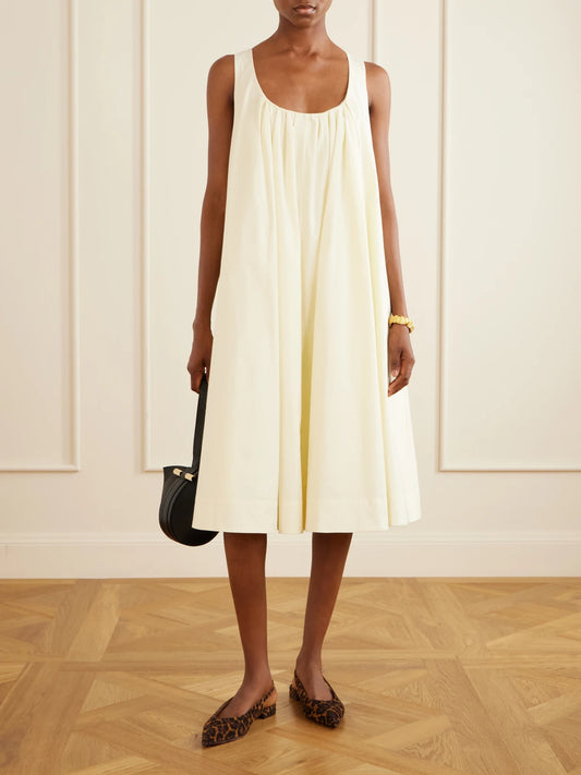 Image of Dresses. Product name - The Lennox Pleated Stretch-cotton Poplin Midi Dress in Yellow colour by brand - Brandon Maxwell
