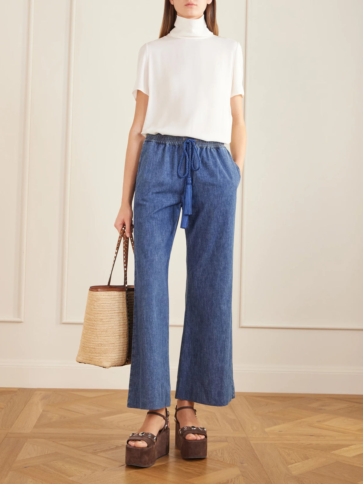 Image of Bags. Product name - Rockstud Leather-trimmed Raffia Tote in Tan colour by brand - Valentino Garavani