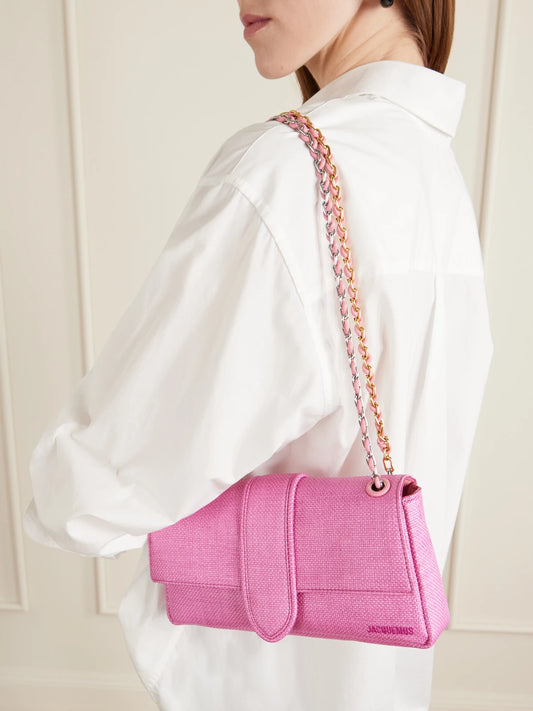 Image of Bags. Product name - Le Bambino Chaîne Raffia-effect Shoulder Bag in Pink colour by brand - Jacquemus