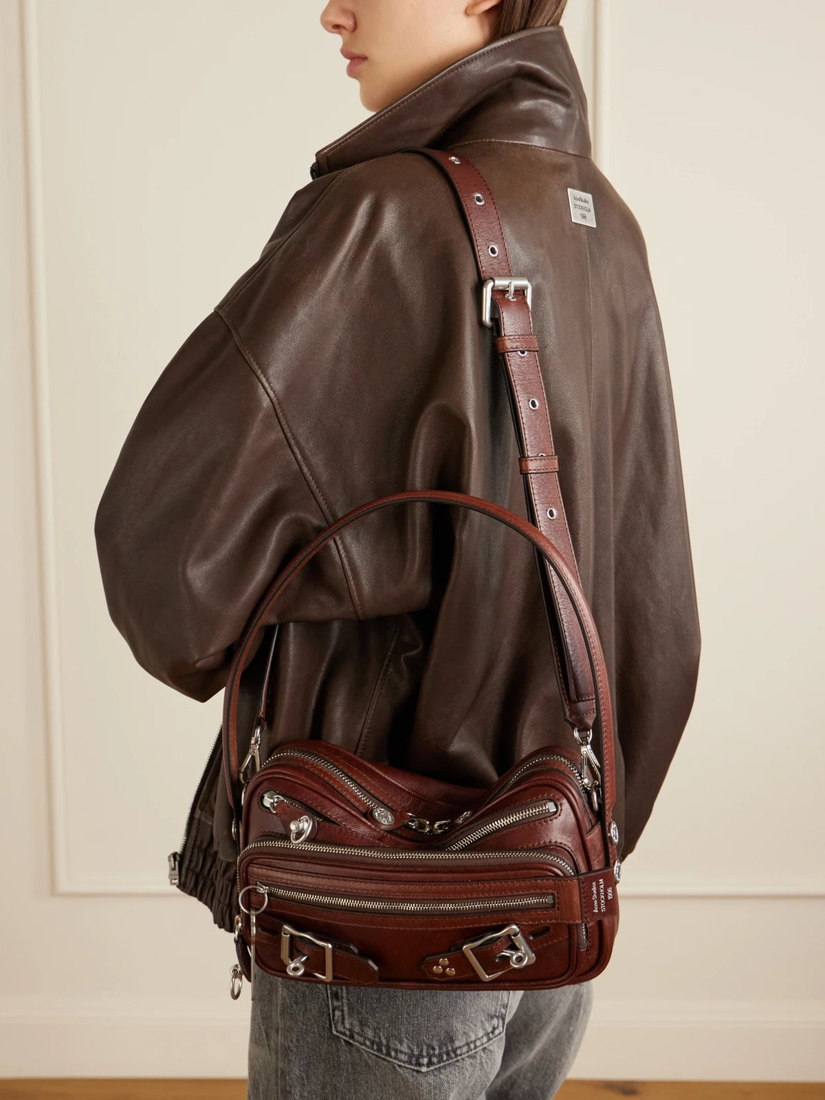Image of Bags. Product name - Camero Party Leather Shoulder Bag in Brown colour by brand - Acne Studios