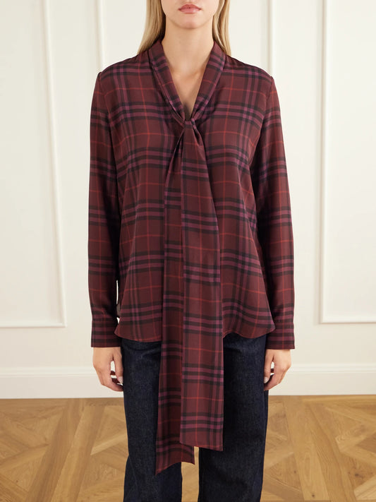 Burberry Rhiannon Pussy-bow Checked Silk-crepe Blouse