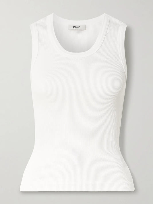 Image of a model wearing Tops. Product name - Poppy Ribbed Stretch Organic Cotton And Lyocell-blend Jersey Tank in White colour by brand - AGOLDE