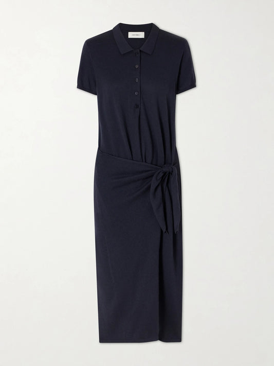 Image of Dresses. Product name - Anthea Tie-detailed Cotton And Cashmere-blend Midi Dress in Navy colour by brand - LISA YANG