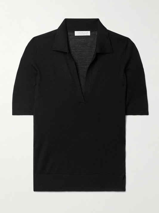 Image of a model wearing Tops. Product name - Frank Cashmere And Silk-blend Polo Shirt in Black colour by brand - Gabriela Hearst