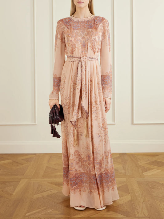 Image of Dresses. Product name - Valiant Sheath Belted Printed Chiffon Maxi Dress in Peach colour by brand - Zimmermann