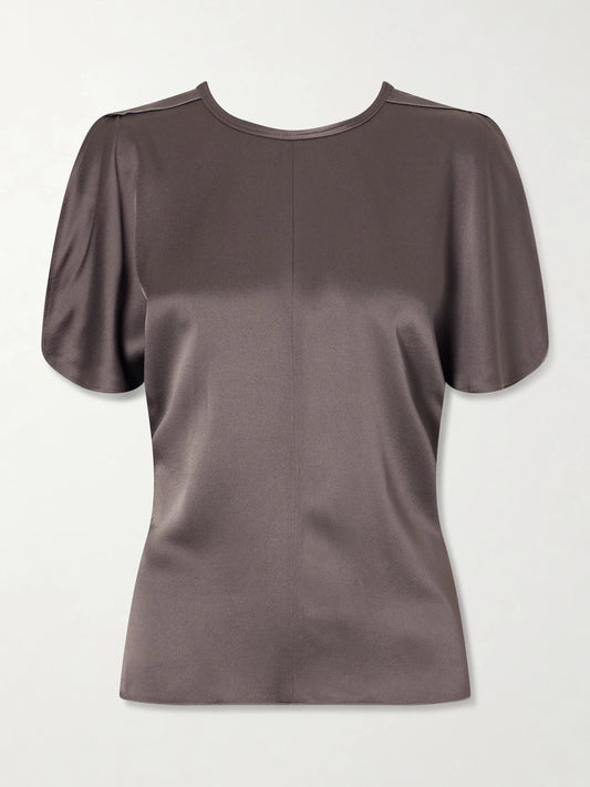 Image of a model wearing Tops. Product name - Bela Draped Satin Blouse in Dark gray colour by brand - Victoria Beckham