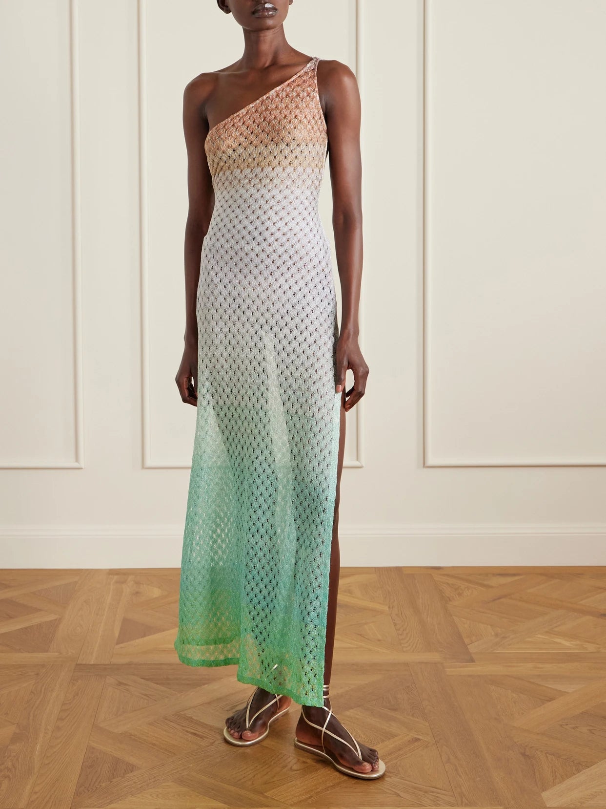 Image of Dresses. Product name - One-shoulder Metallic Crochet-knit Coverup in Green colour by brand - Missoni