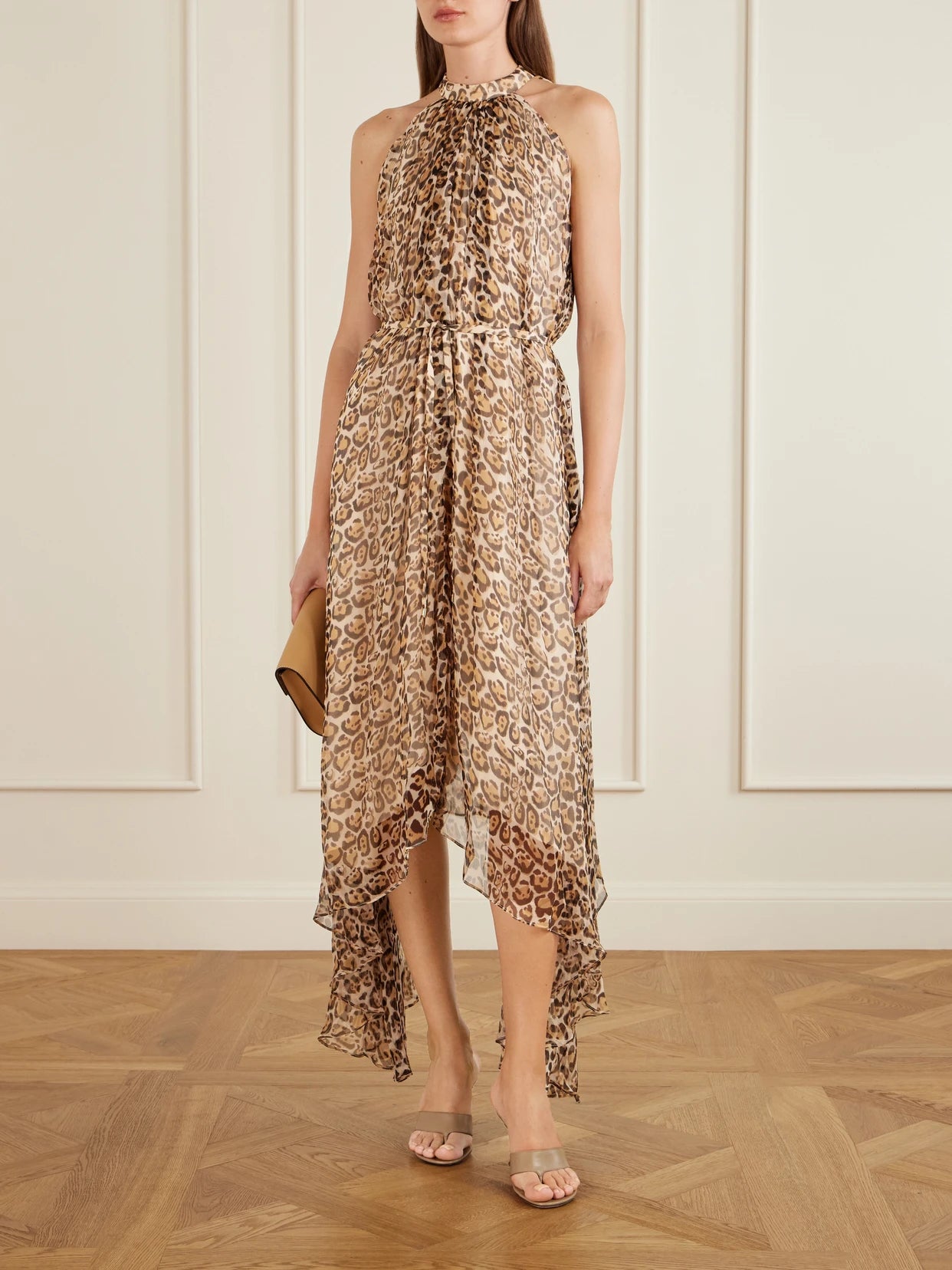 Image of Dresses. Product name - Irina Asymmetric Belted Leopard-print Silk Halterneck Midi Dress in Leopard print colour by brand - Saloni
