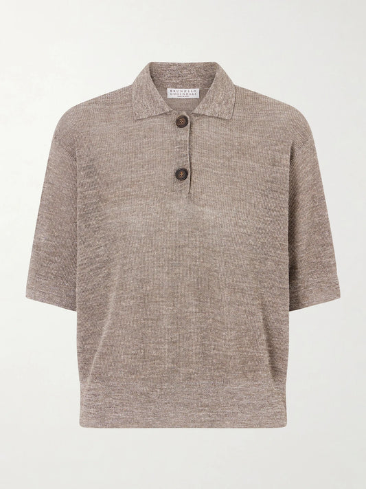Image of a model wearing Outerwear. Product name - Metallic-knit Polo Shirt in Brown colour by brand - Brunello Cucinelli