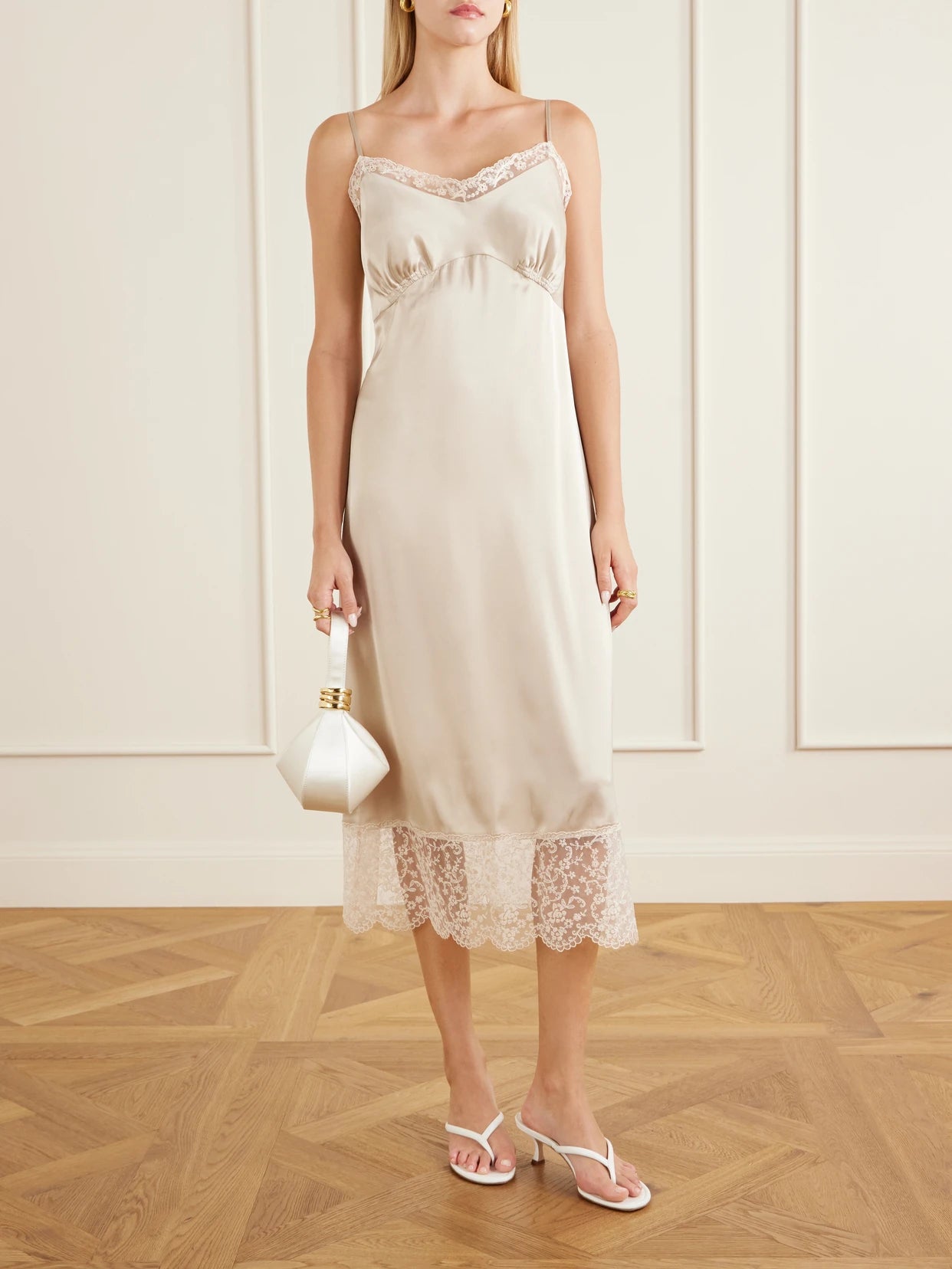 Image of Dresses. Product name - Lace-trimed Satin Midi Dress in Off-white colour by brand - Simone Rocha