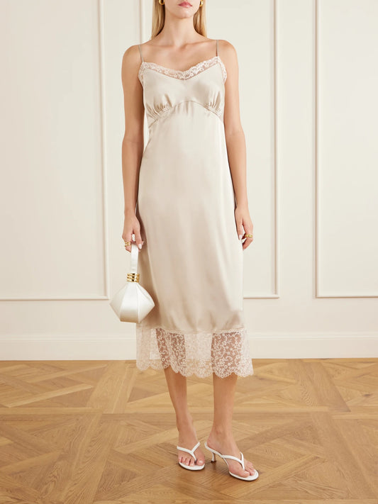 Image of Dresses. Product name - Lace-trimed Satin Midi Dress in Off-white colour by brand - Simone Rocha