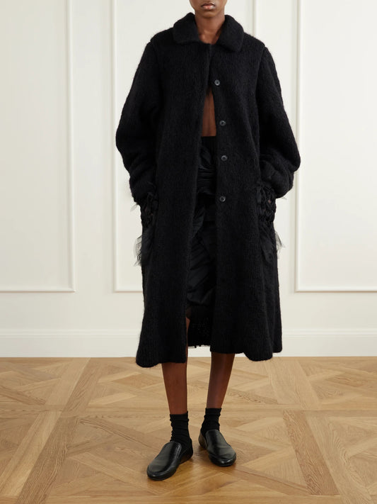 Image of Coats & Jackets. Product name - Annie Chiffon-trimmed Alpaca-blend Coat in Black colour by brand - Pauline Dujancourt