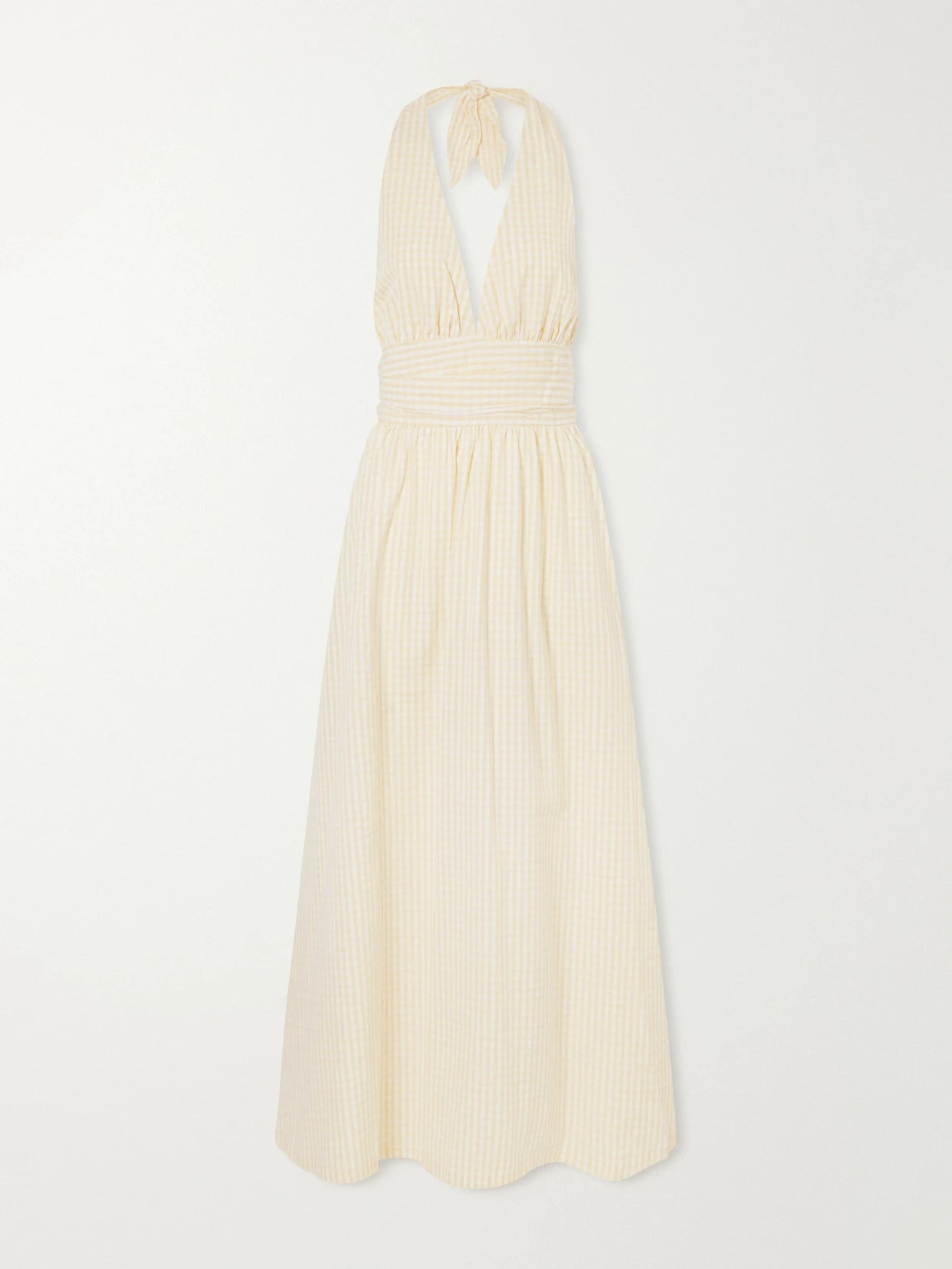 Image of Dresses. Product name - Lido Gathered Checked Cotton Halterneck Maxi Dress in Yellow colour by brand - Faithfull