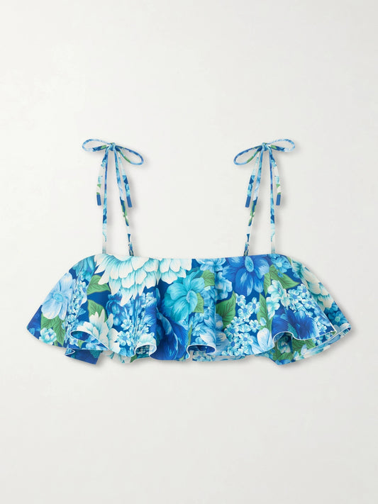 Image of Swimwear. Product name - Margo Ruffled Floral-print Bikini Top in Blue colour by brand - ALÉMAIS