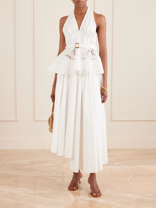 Image of a model wearing Tops. Product name - Belted Embroidered Linen And Cotton-blend Peplum Top in White colour by brand - Self-Portrait