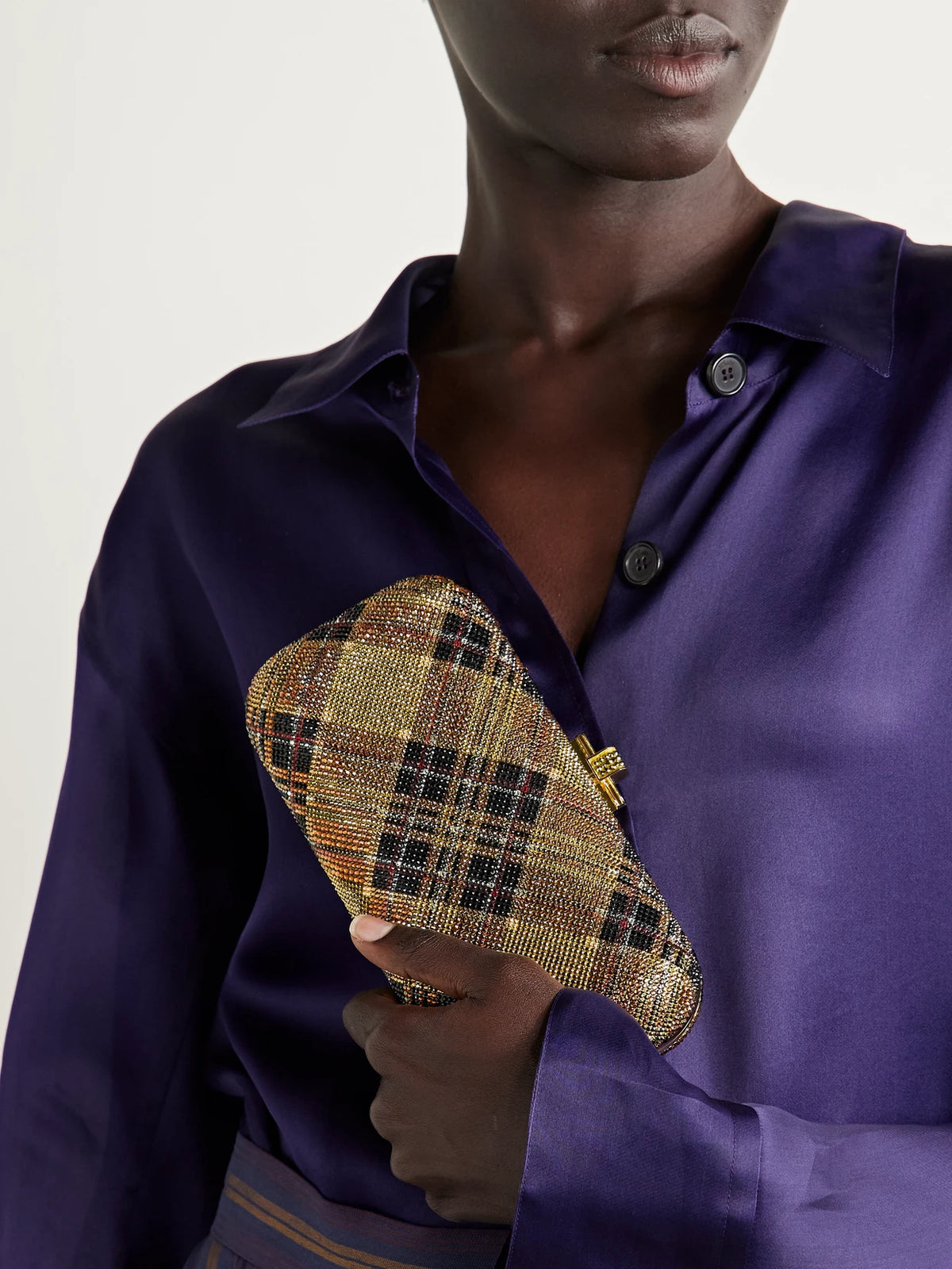 Image of Bags. Product name - Long Slide Crystal-embellished Gold-tone Clutch in Multi colour by brand - Judith Leiber Couture