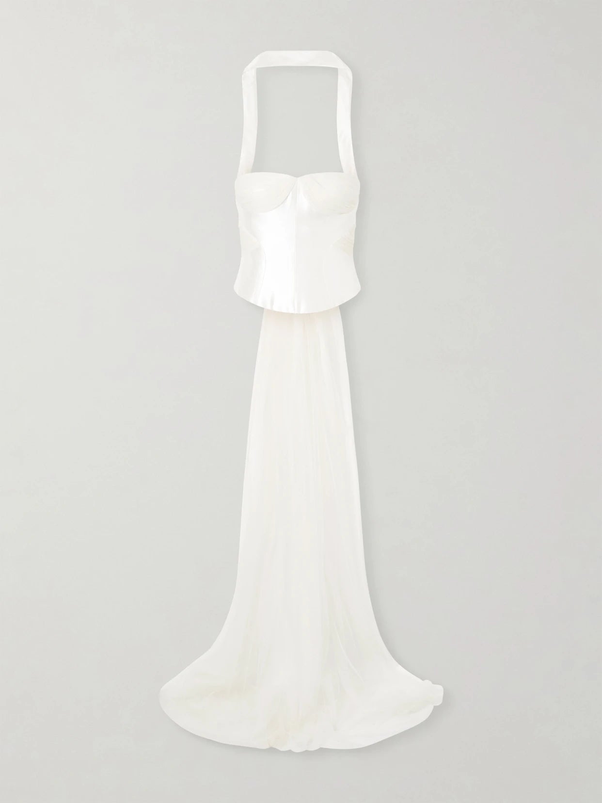 Image of a model wearing Tops. Product name - Viola Gathered Draped Tulle-trimmed Wool And Silk-blend Twill Top in Off-white colour by brand - Danielle Frankel