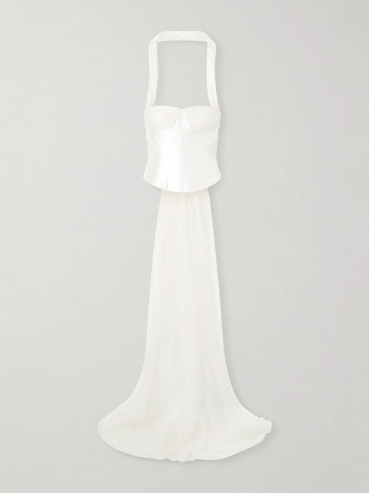 Image of a model wearing Tops. Product name - Viola Gathered Draped Tulle-trimmed Wool And Silk-blend Twill Top in Off-white colour by brand - Danielle Frankel