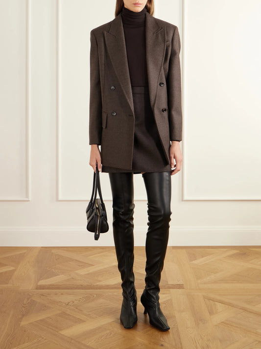 Image of a model wearing Skirts. Product name - Sacinoso Wool-felt Mini Skirt in Dark brown colour by brand - Max Mara