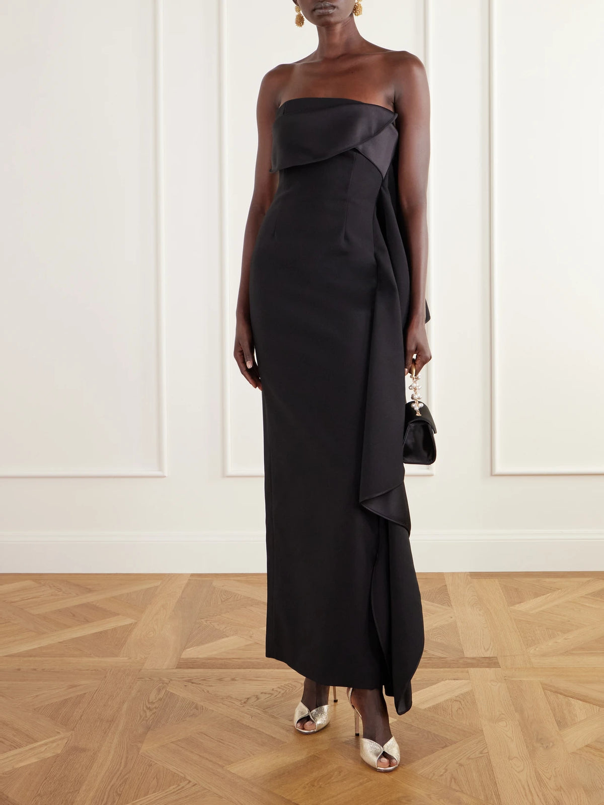 Image of Dresses. Product name - Andress Strapless Ruffled Crepe Bustier Gown in Black, White colour by brand - Solace London
