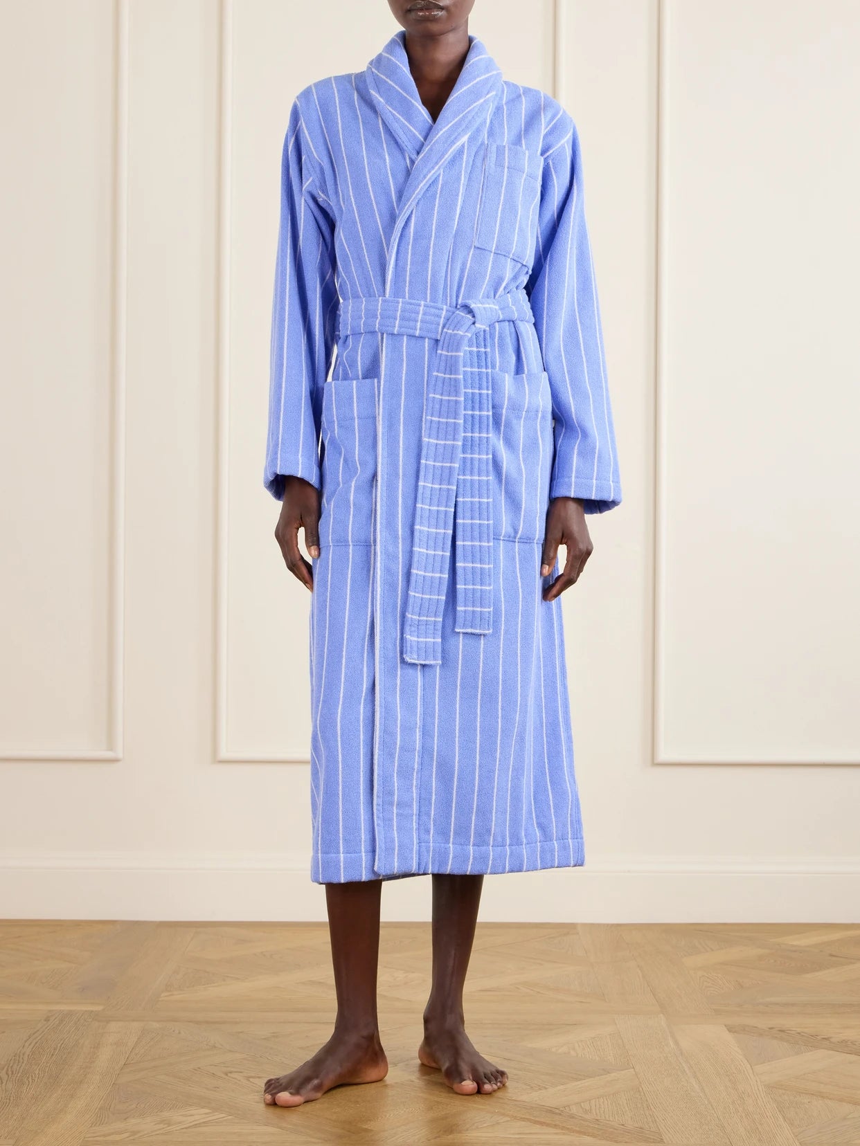 Image of Lingerie. Product name - Belted Striped Cotton-terry Robe in Bright blue colour by brand - TEKLA