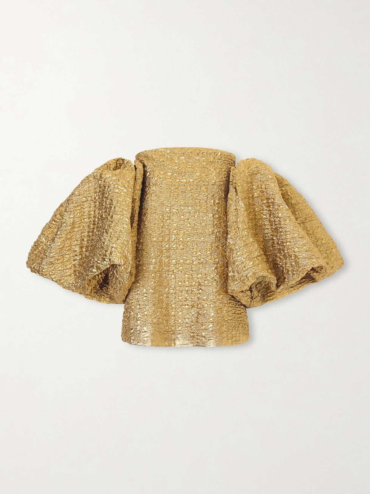 Image of a model wearing Tops. Product name - Cloqué Blouse in Gold colour by brand - Dima Ayad