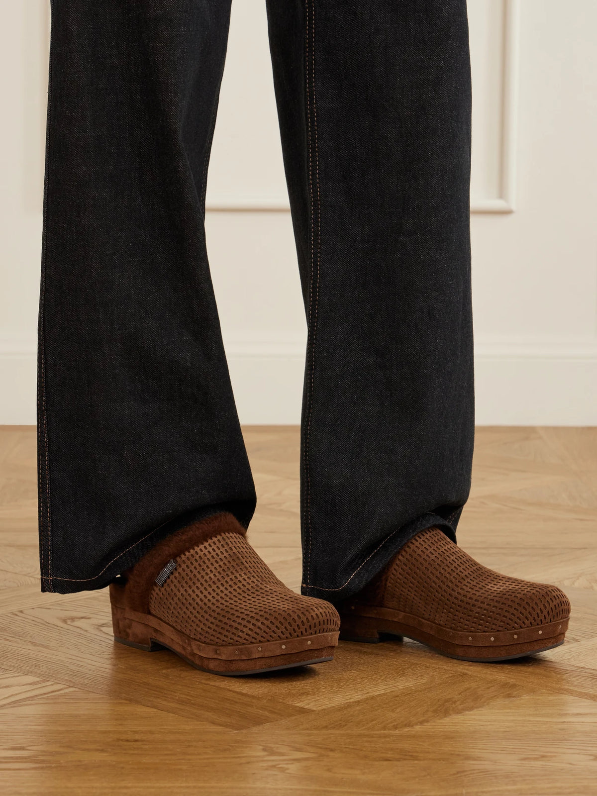 Bead-embellished Shearling-trimmed Suede Clogs