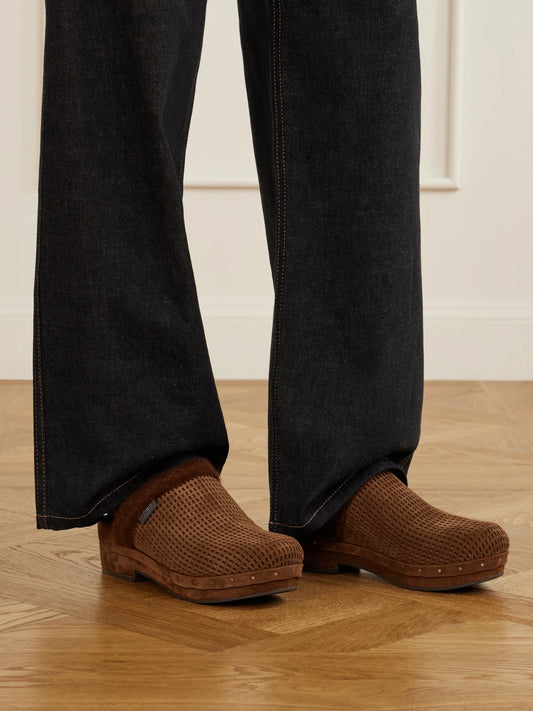 Bead-embellished Shearling-trimmed Suede Clogs
