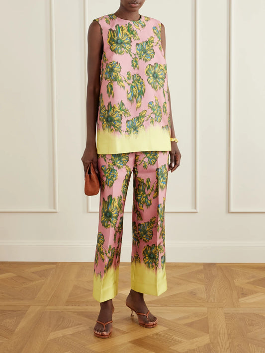 Image of Outfit Sets. Product name - Faye Floral-print Twill Wide-leg Pants in Pink colour by brand - ALÉMAIS
