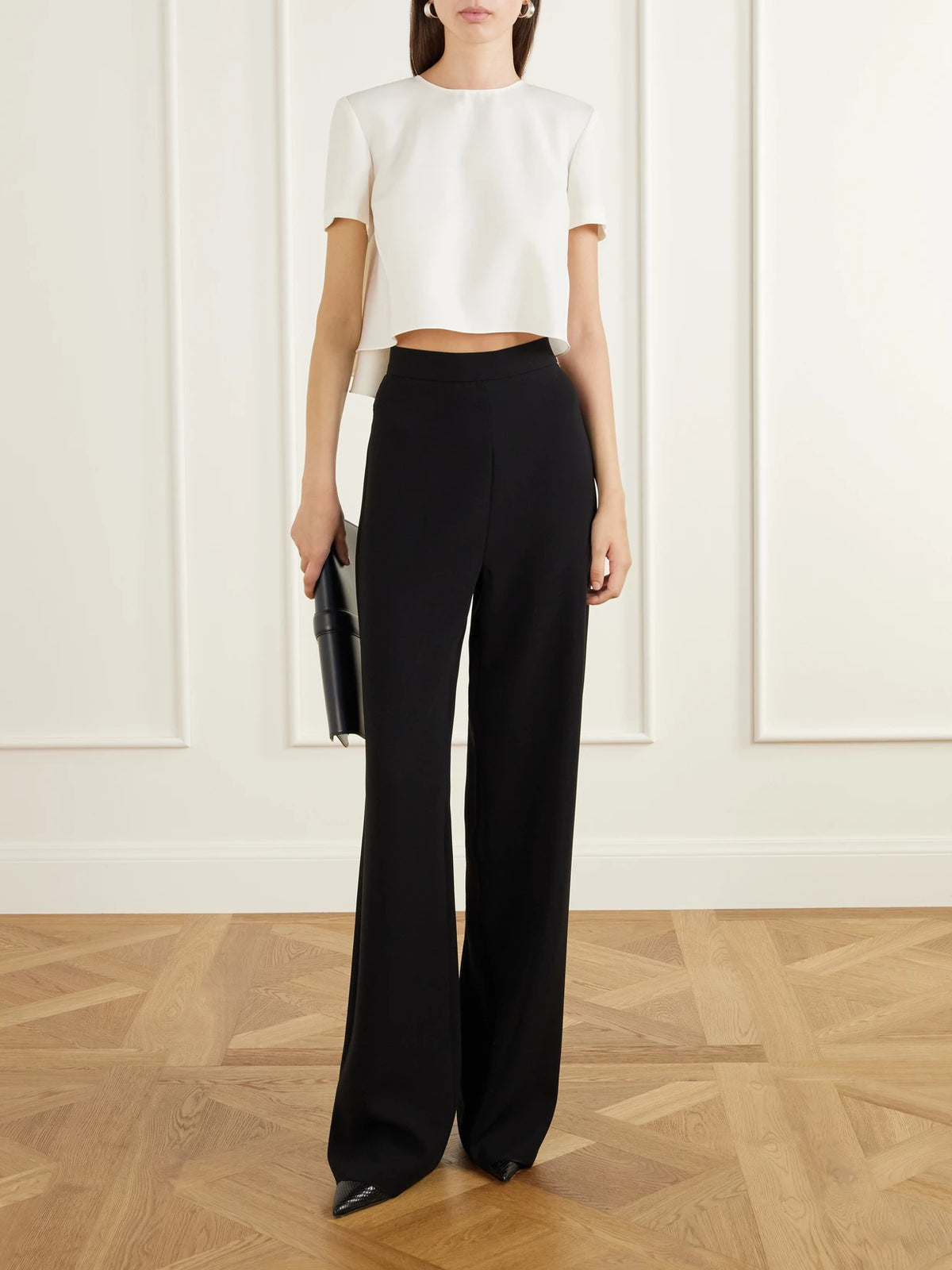 Image of a model wearing Tops. Product name - Mariel Faille Wool-blend Blouse in Ivory colour by brand - Heirlome