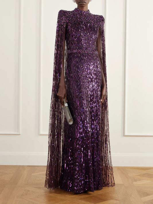 Image of Dresses. Product name - Opera Cape-effect Sequin-embellished Tulle Gown in Dark purple colour by brand - Jenny Packham