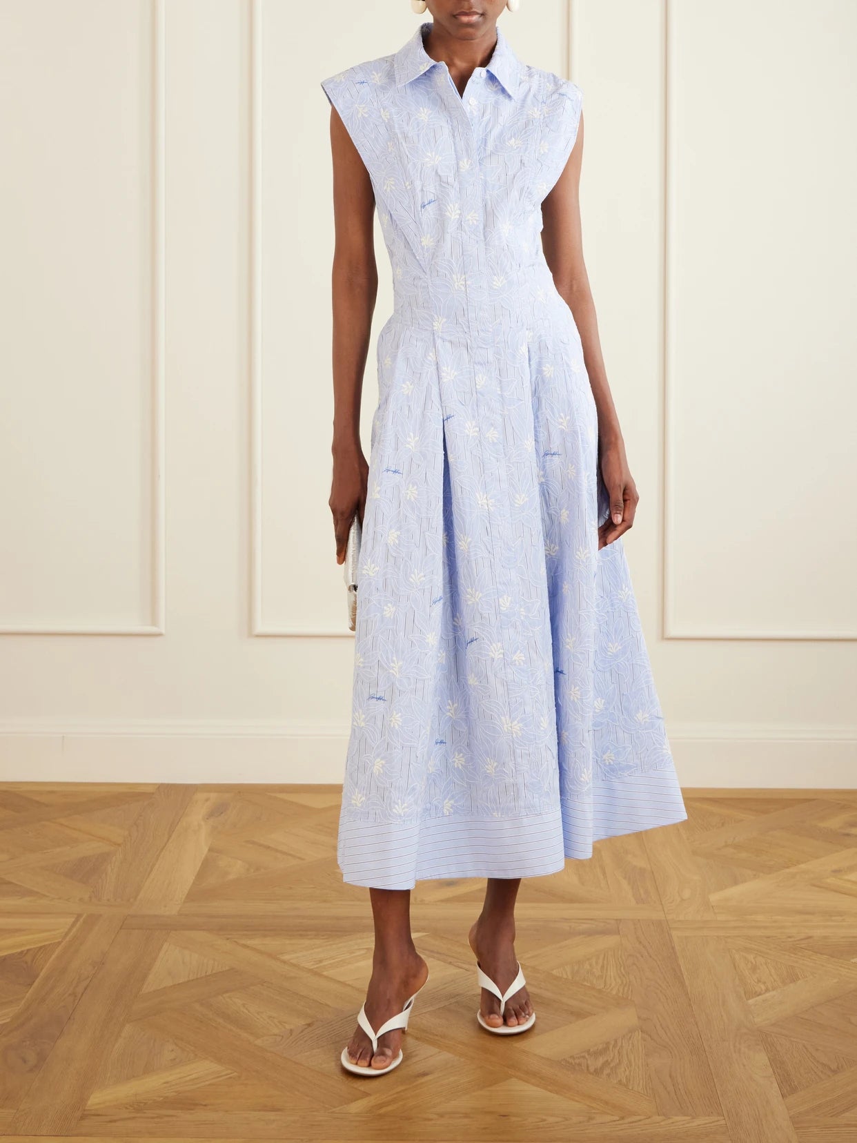Image of Dresses. Product name - Neri Embroidered Striped Cotton-poplin Midi Dress in Light blue colour by brand - SIMKHAI