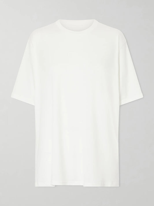 Image of a model wearing Tops. Product name - Suvin Cotton-jersey T-shirt in Off-white colour by brand - ssstein