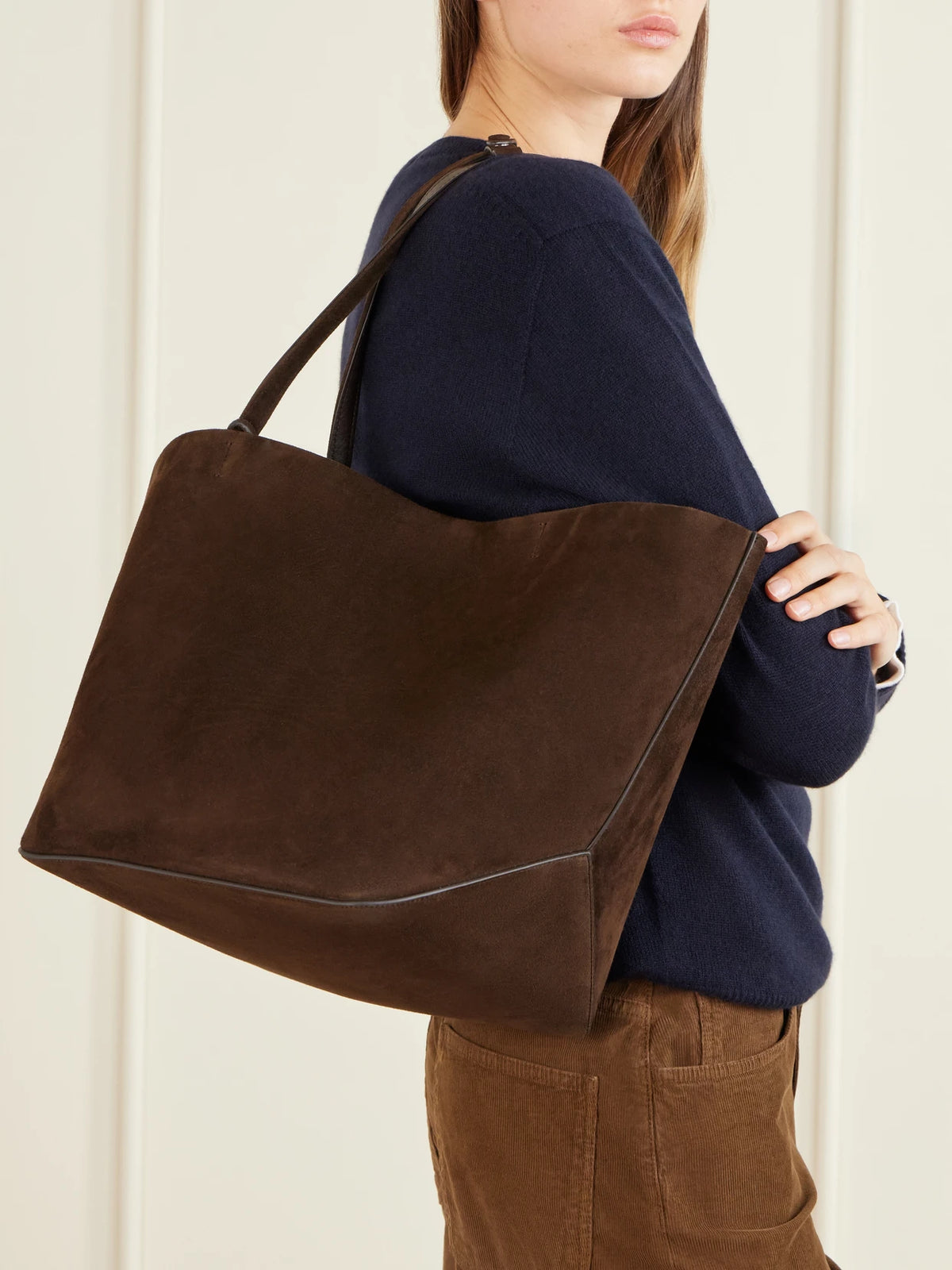 Image of Bags. Product name - Park Suede Tote in Dark brown colour by brand - The Row