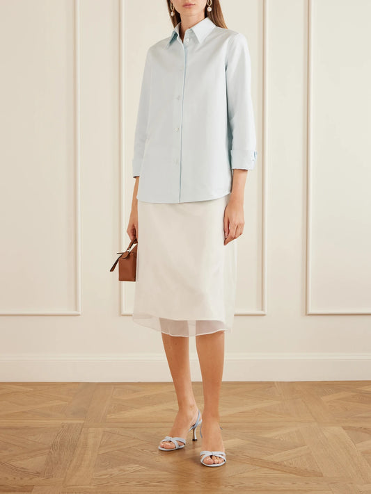 Image of Heels. Product name - Elsy 70 Leather-trimmed Canvas Slingback Sandals in Sky blue colour by brand - Jimmy Choo