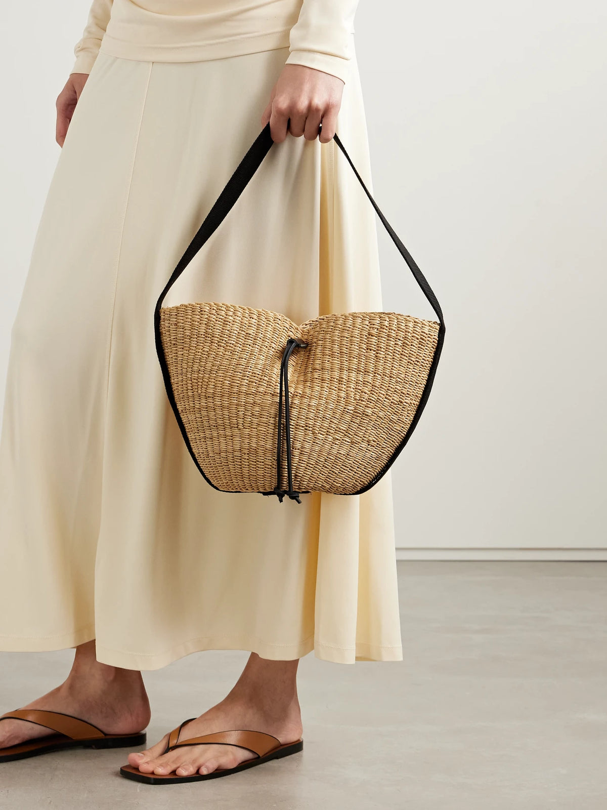 Image of Bags. Product name - Orbi Cotton Canvas-trimmed Woven Straw Shoulder Bag in Brown colour by brand - MUUÑ