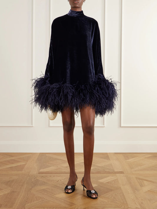 Image of Dresses. Product name - Vegas Feather-trimmed Velvet Mini Dress in Navy colour by brand - Taller Marmo