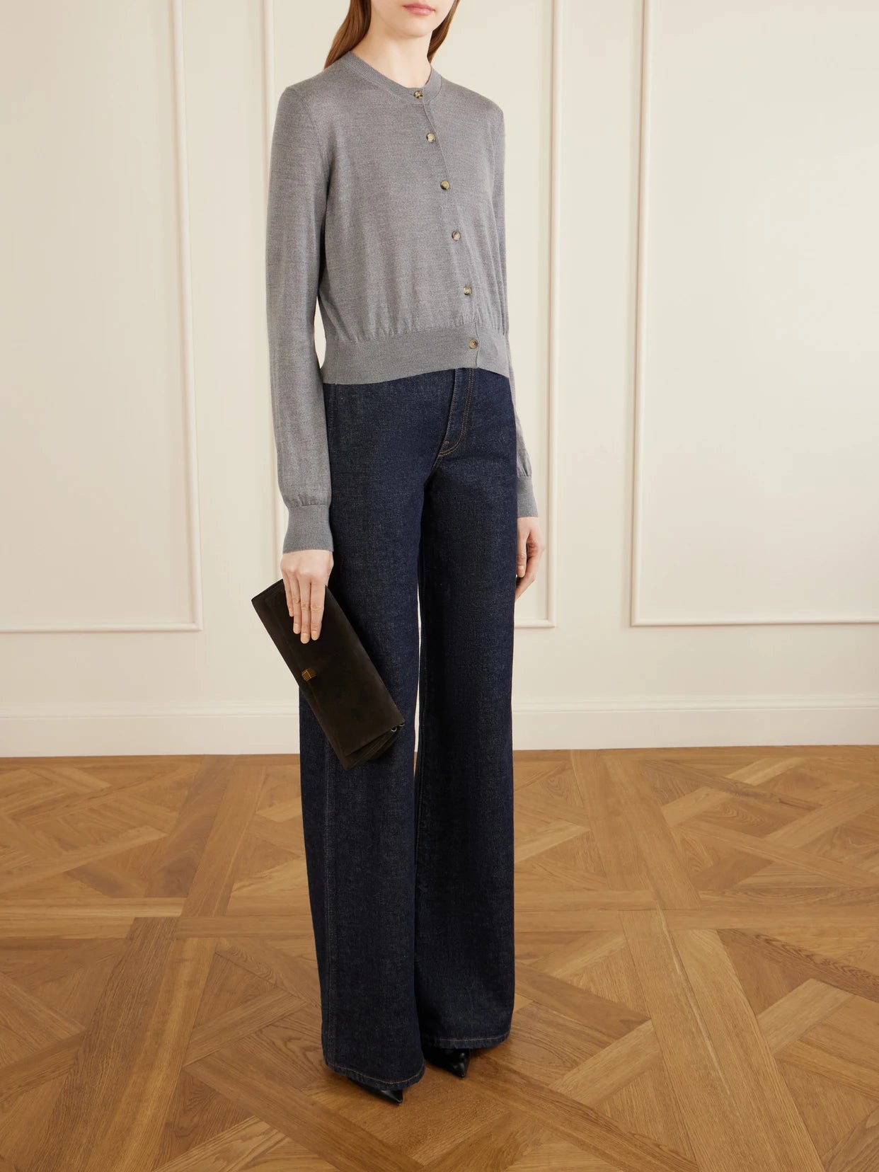 Image of a model wearing Outerwear. Product name - Tansy Wool And Cashmere-blend Cardigan in Gray colour by brand - KHAITE