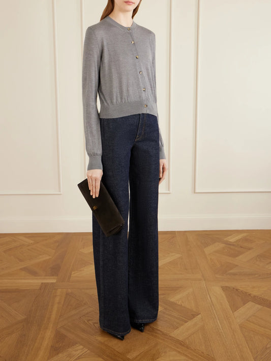 Image of a model wearing Outerwear. Product name - Tansy Wool And Cashmere-blend Cardigan in Gray colour by brand - KHAITE