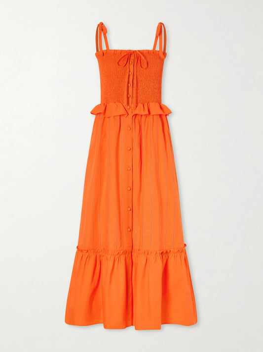 Image of Dresses. Product name - Alberica Ruffled Tiered Shirred Cotton-poplin Midi Dress in Orange colour by brand - Loretta Caponi