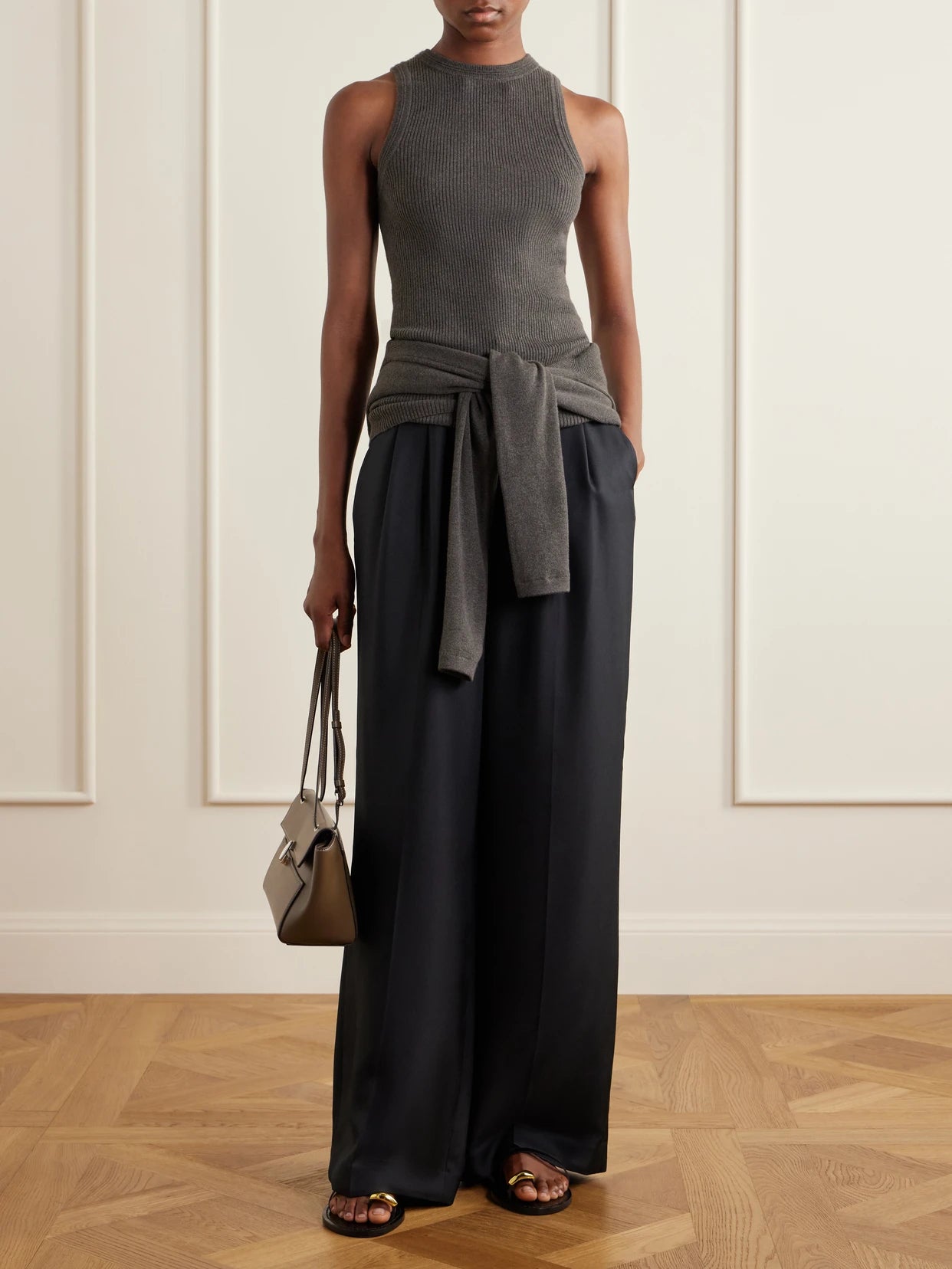Image of a model wearing Tops. Product name - Amya Ribbed Cotton And Cashmere-blend Tank in Brown colour by brand - LISA YANG