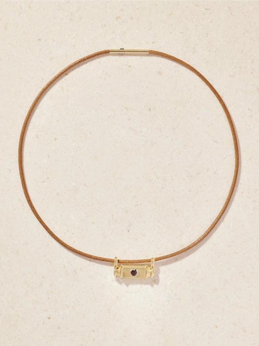 Marie Lichtenberg Clover Smash Locket 18-karat Gold, Garnet And Leather Necklace