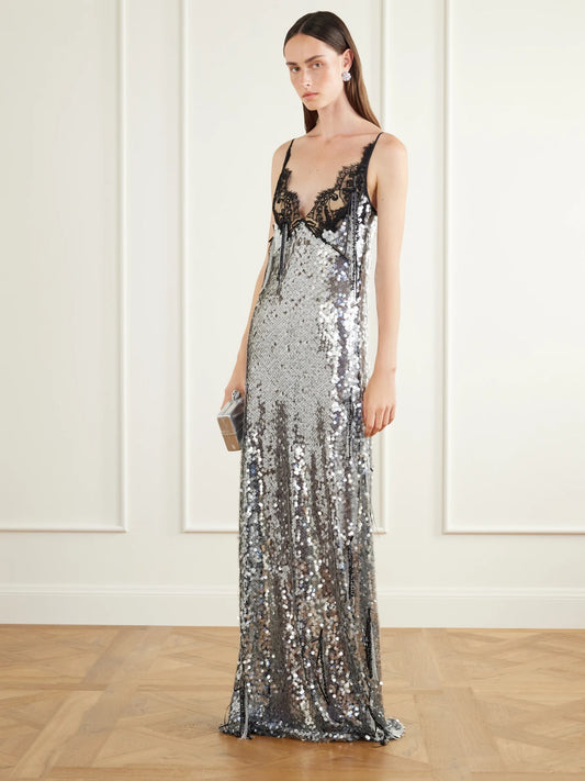 Image of Dresses. Product name - Lace-trimmed Sequined Gown in Silver colour by brand - Wiederhoeft