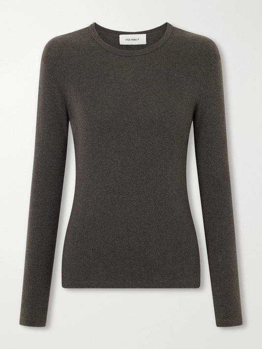 Image of a model wearing Outerwear. Product name - Vivian Cotton And Cashmere-blend T-shirt in Brown colour by brand - LISA YANG