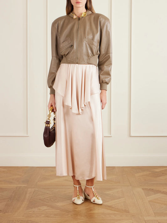 Image of a model wearing Skirts. Product name - Layered Silk-satin Midi Skirt in Baby pink colour by brand - Chloé