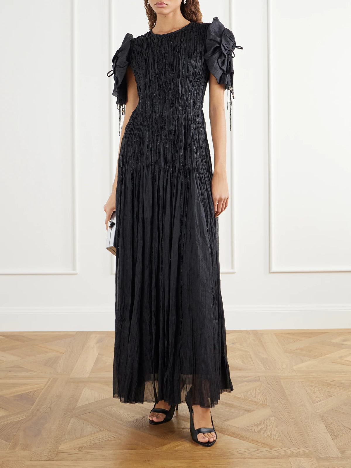 Image of Dresses. Product name - Hazel Bead-embellished Pleated Crepe De Chine Maxi Dress in Black colour by brand - Aje