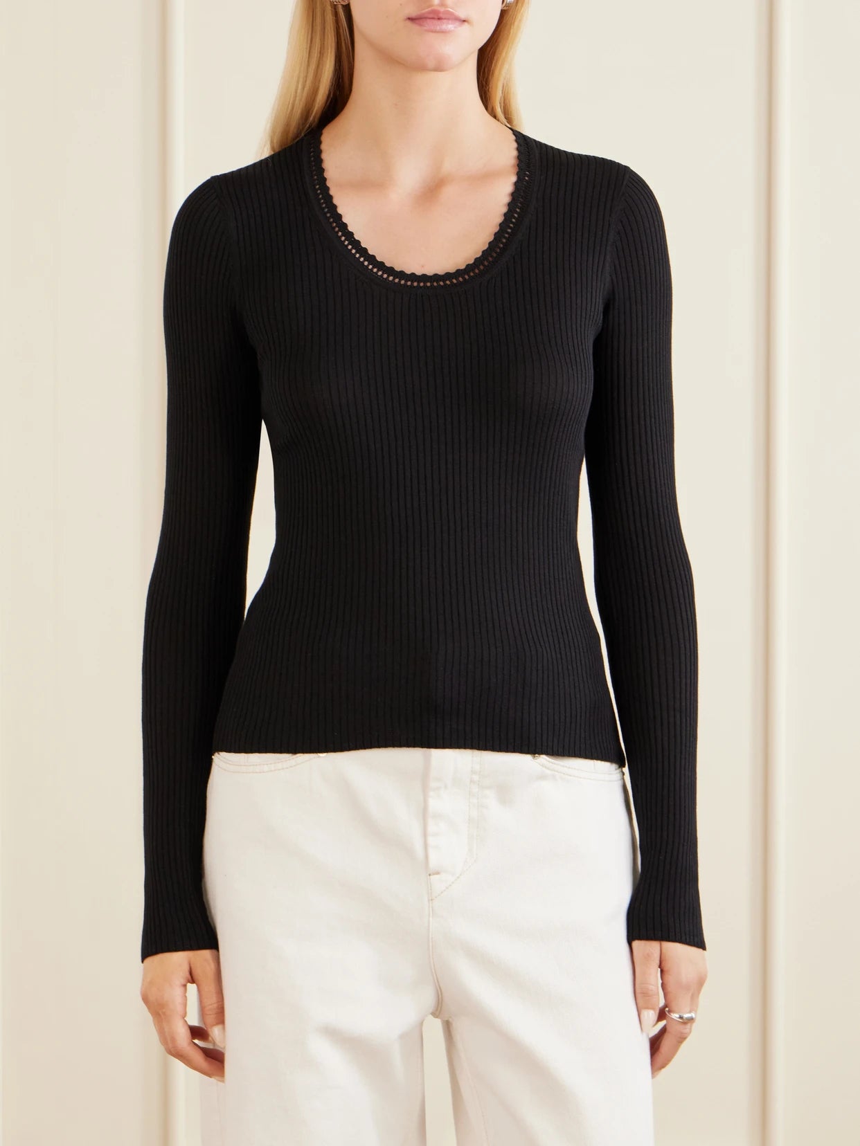 Selenie Scalloped Ribbed Silk And Cotton-blend Sweater