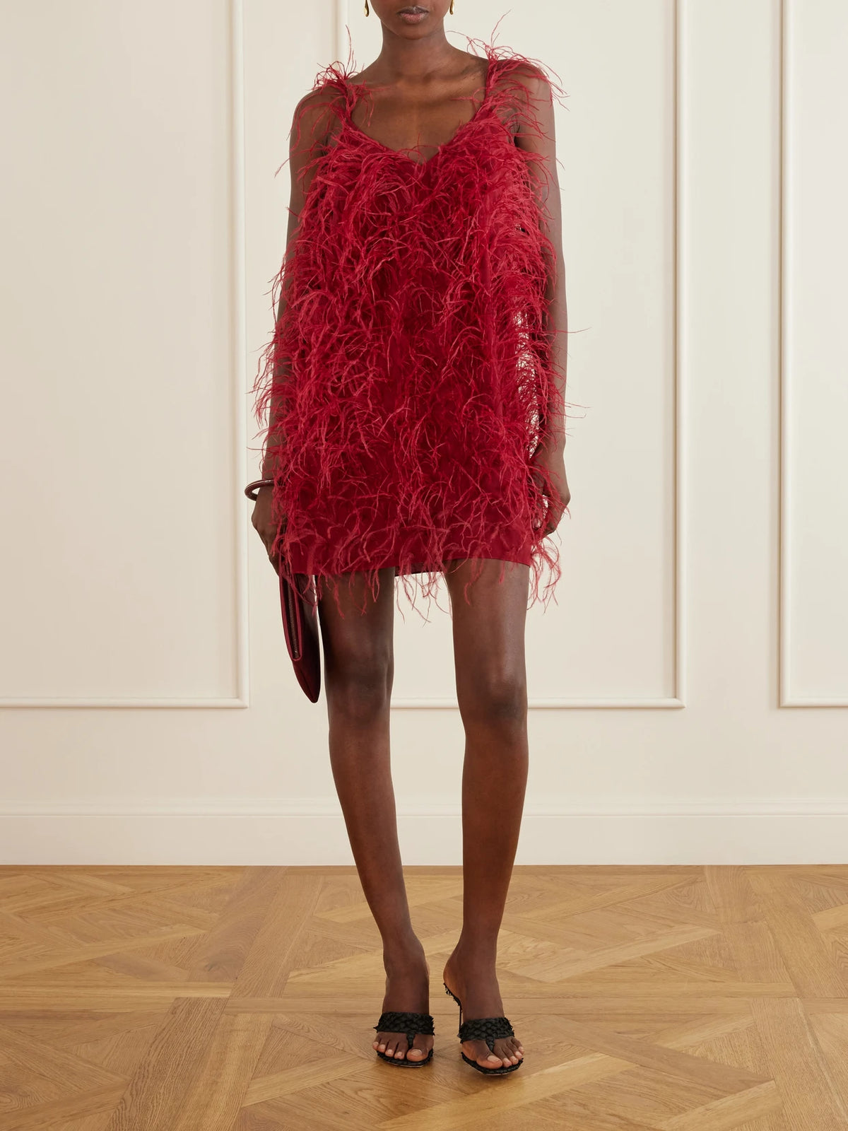Image of Dresses. Product name - Sara Feather-trimmed Silk-crepe Mini Dress in Red colour by brand - Sharon Wauchob