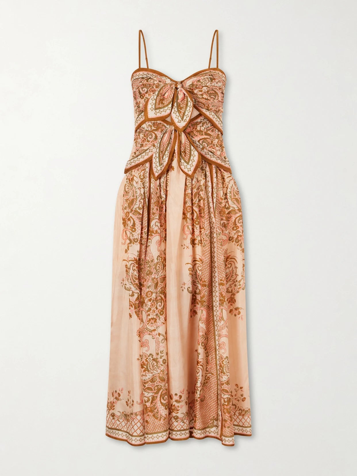 Image of Dresses. Product name - Aster Cutout Knotted Printed Silk Midi Dress in Pink colour by brand - Zimmermann